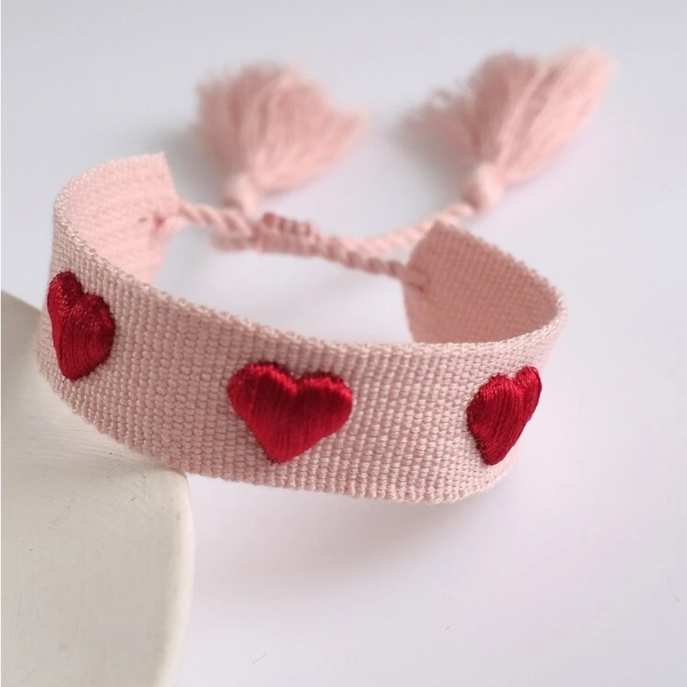 Pink with Hearts Boho Woven Tassel Bracelet